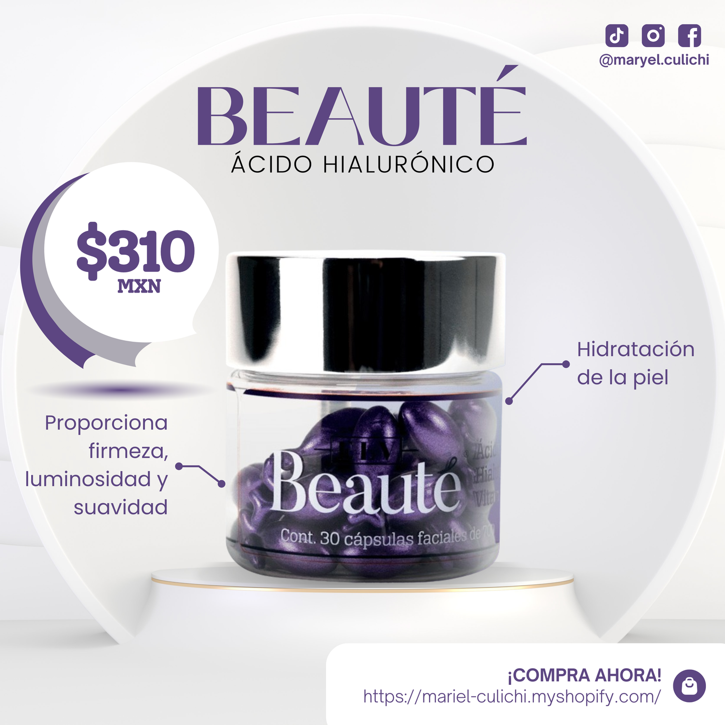 ELV BEAUTÉ ÁCIDO HIALURÓNICO - 30 CÁPSULAS FACIALES